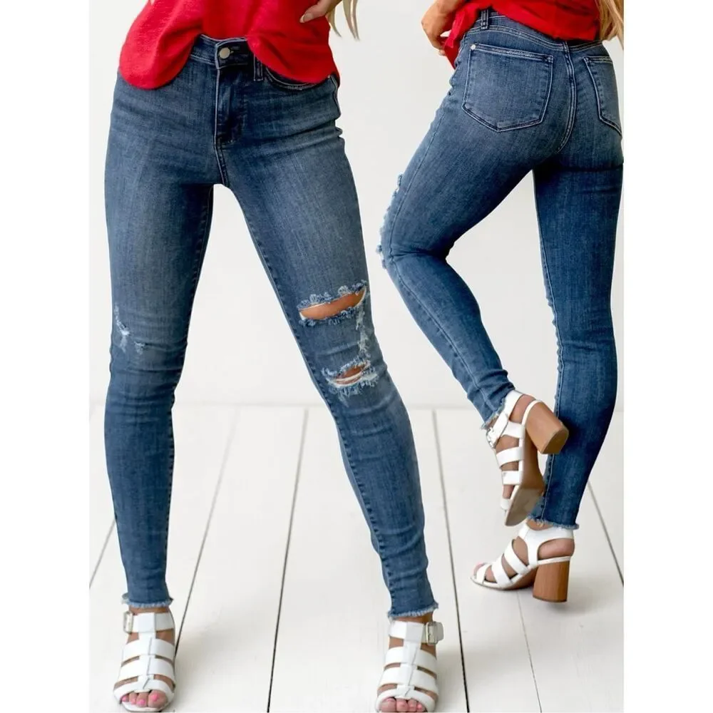 Judy Blue High Rise Skinny Jeans Dark Wash Distressed Stretch Denim Raw Hem NEW